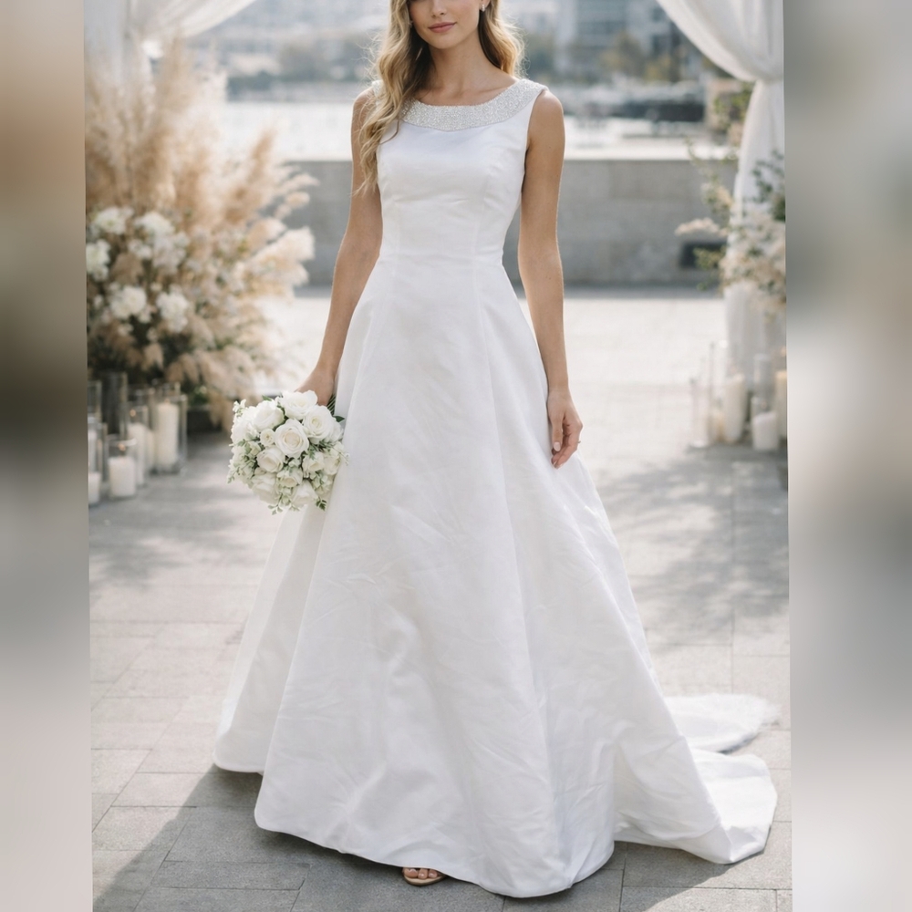 Alfred Angelo Vintage 90s 00s White Satin Pearl Detail Wedding Dress sz 8